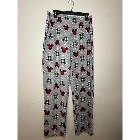 Disney Mickey Mouse Head Plaid Gray Lounge Fleece Pajama Bottoms Size L - Picture 3 of 6